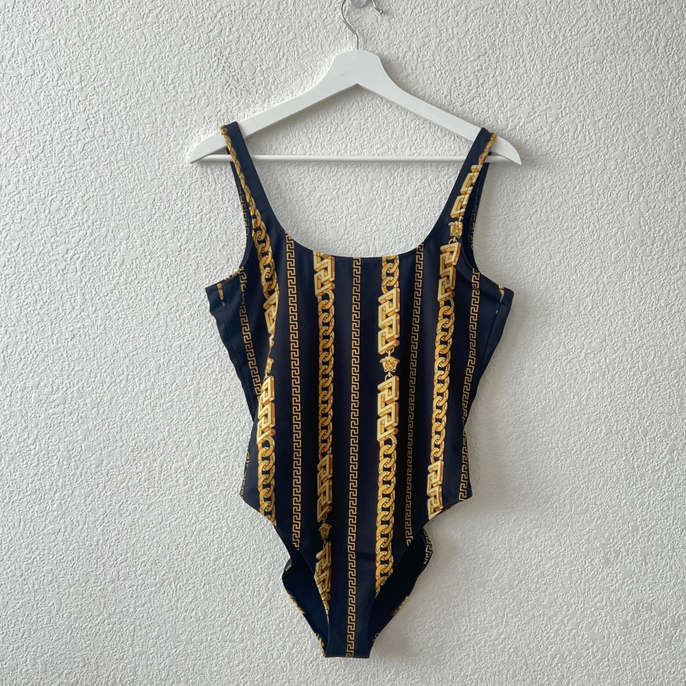 Versace Chain Pinstripe Black and Gold One Piece Swimsuit Size 4 - NWT